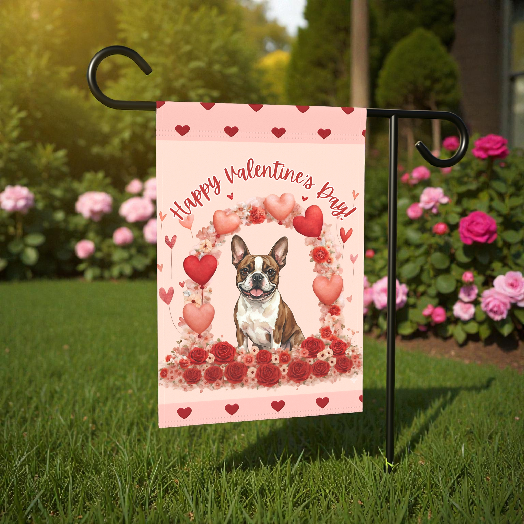 Valentine's Day Brown Boston Terrier Garden Flag