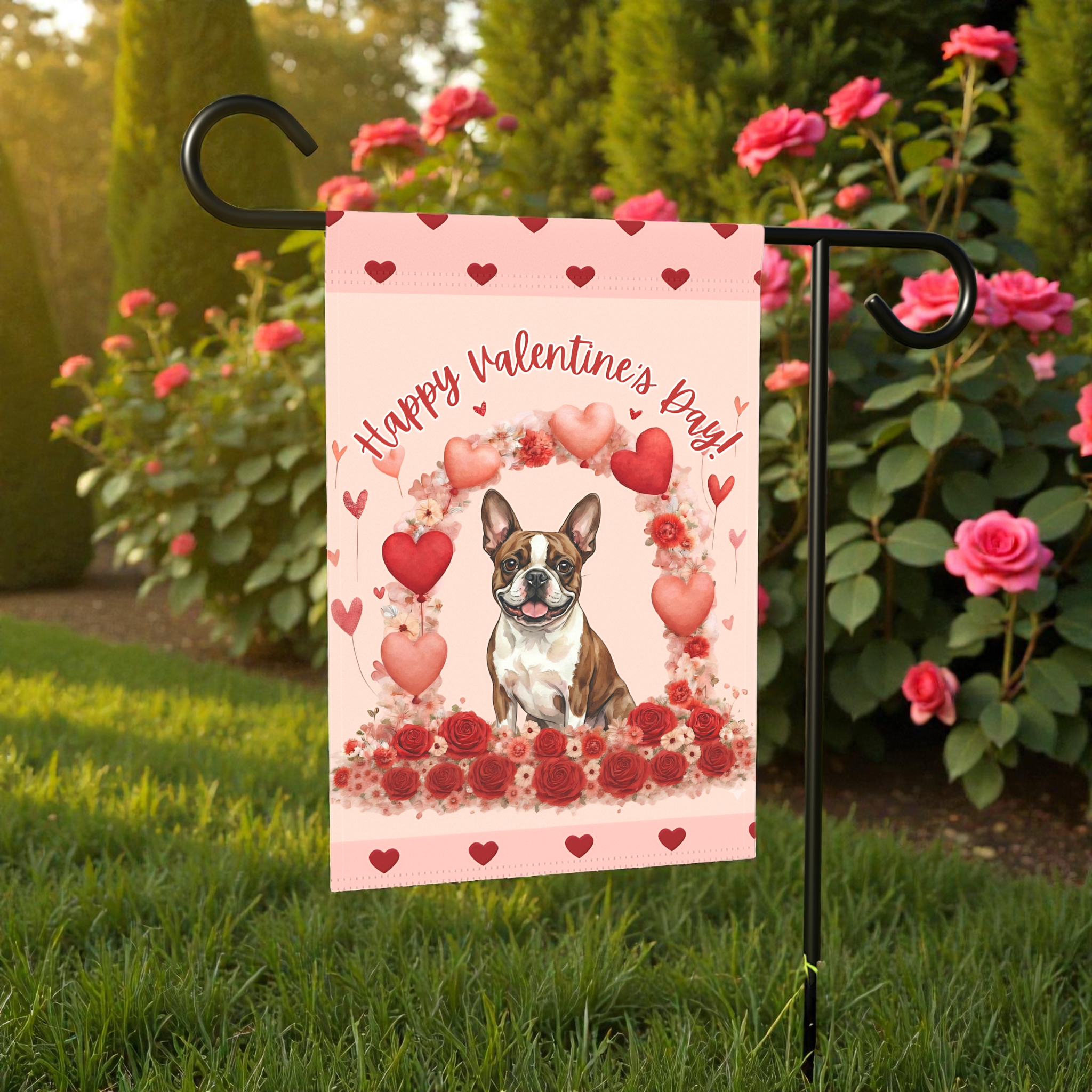 Valentine's Day Brown Boston Terrier Garden Flag