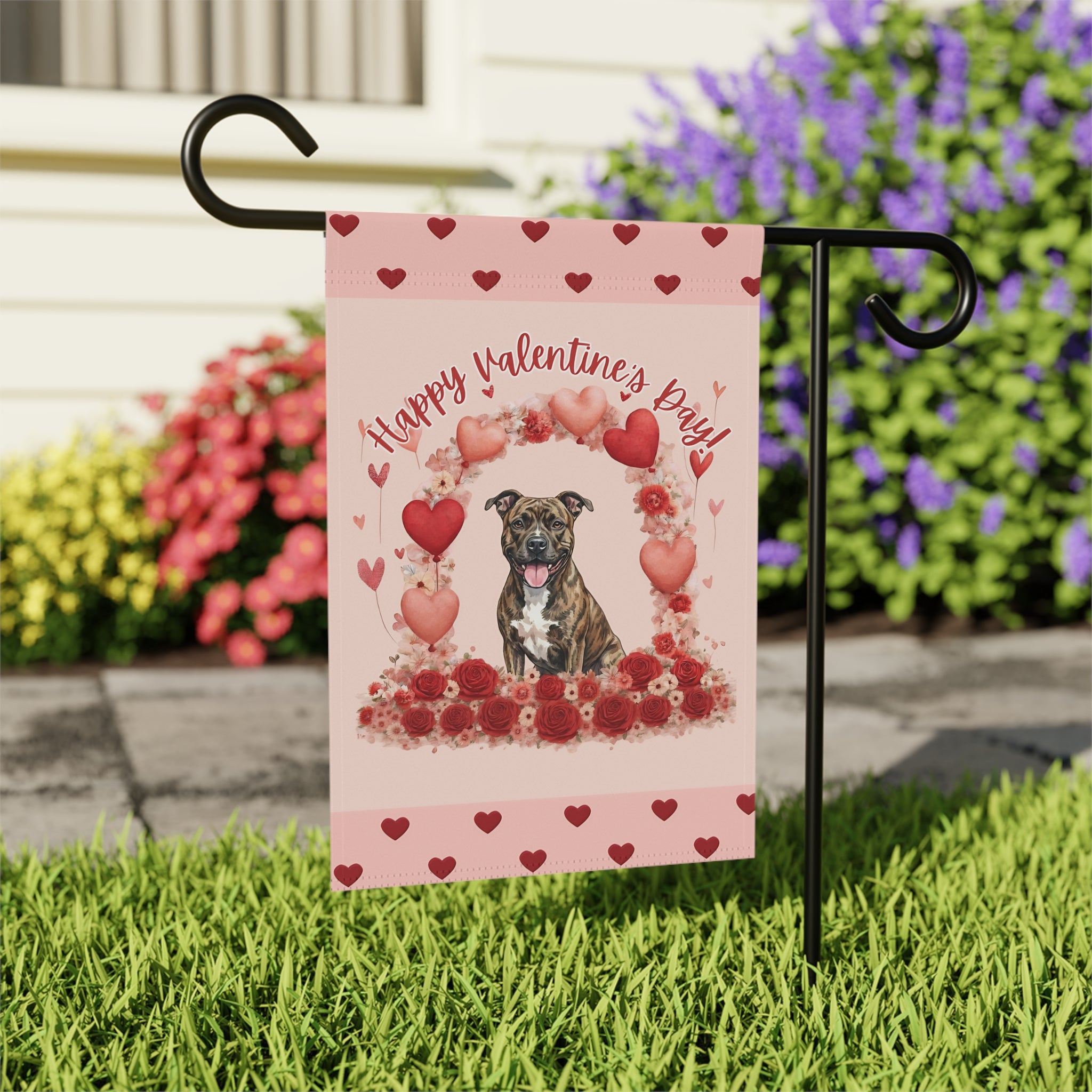 Valentine's Day Brindle Pit Bull Terrier Garden Flag