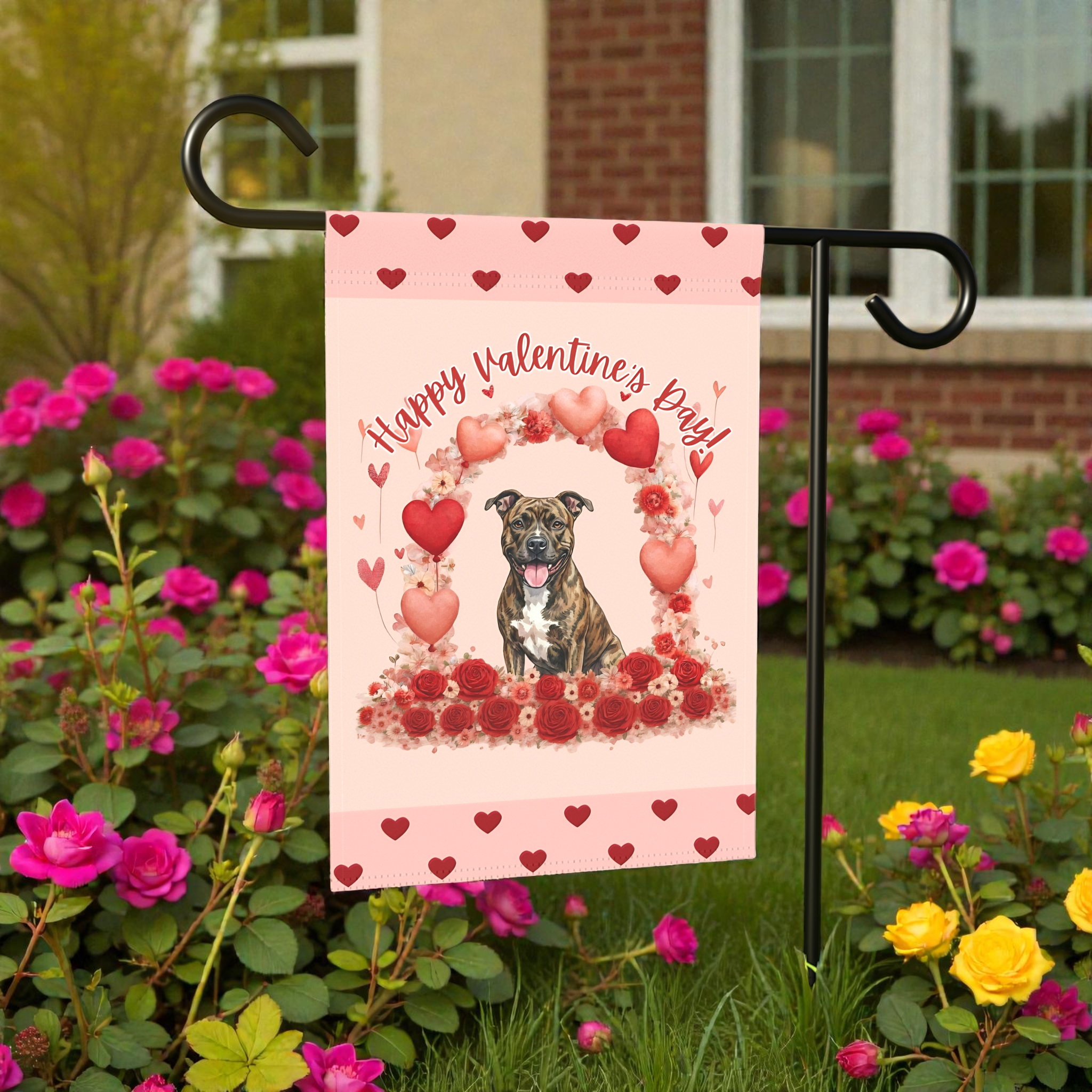 Valentine's Day Brindle Pit Bull Terrier Garden Flag
