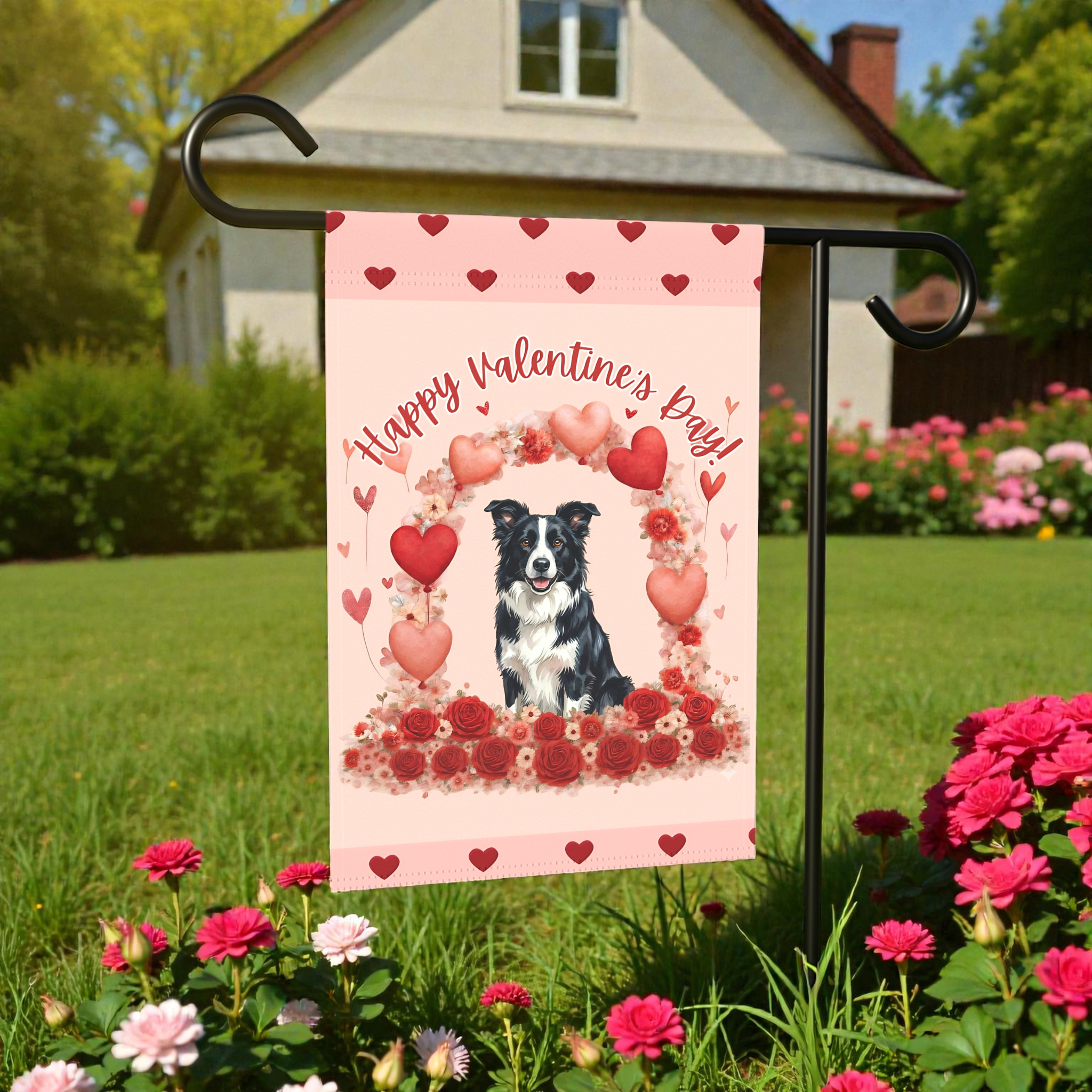 Valentine's Day Border Collie Garden Flag