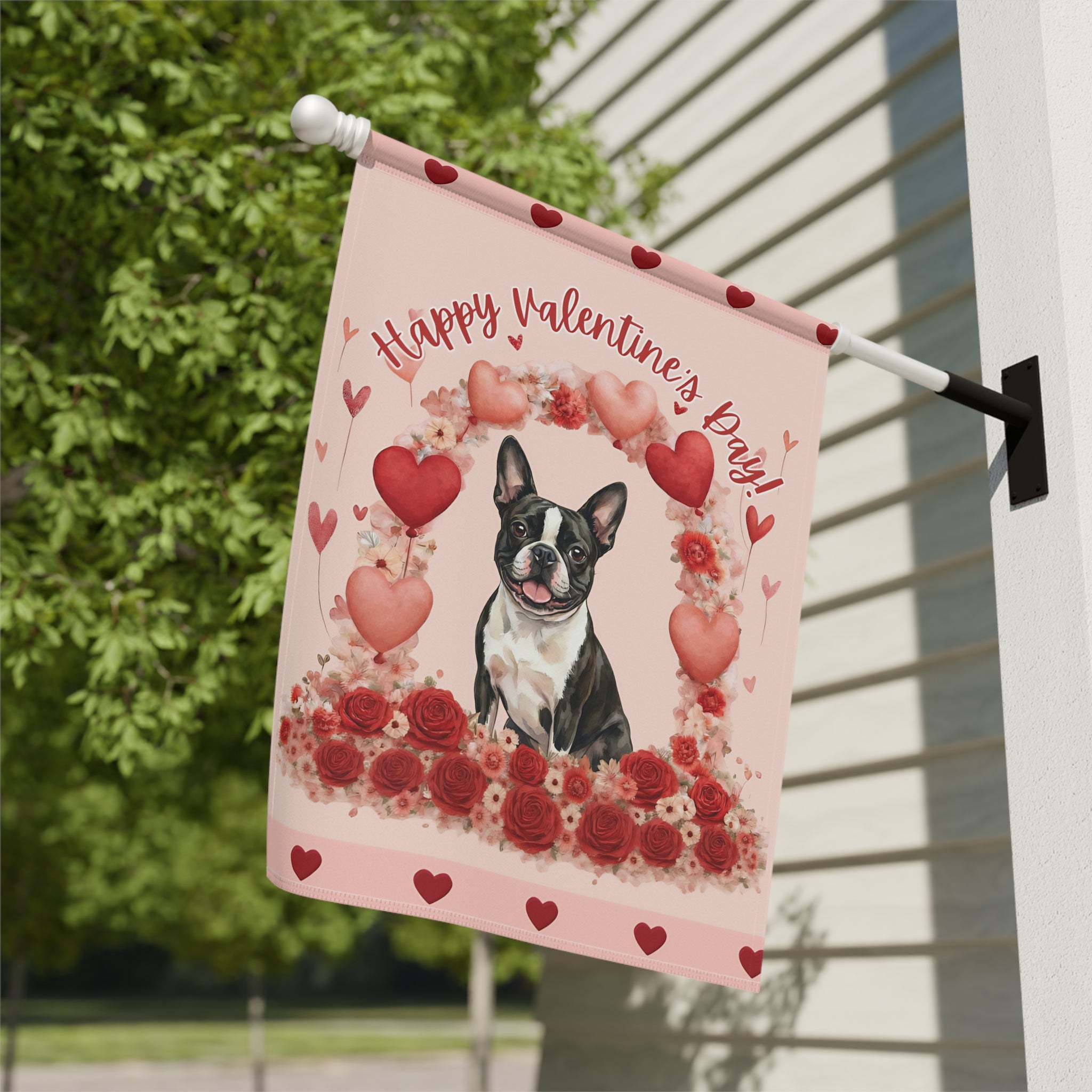 Valentine's Day Black and White Boston Terrier Garden Flag