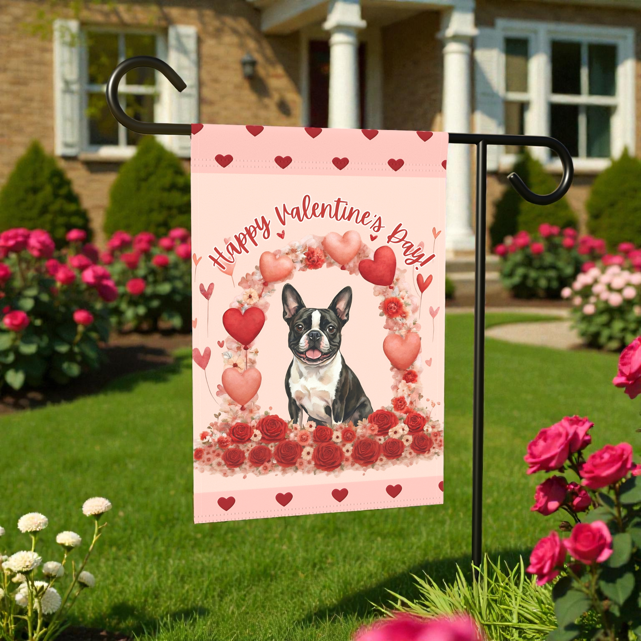 Valentine's Day Black and White Boston Terrier Garden Flag