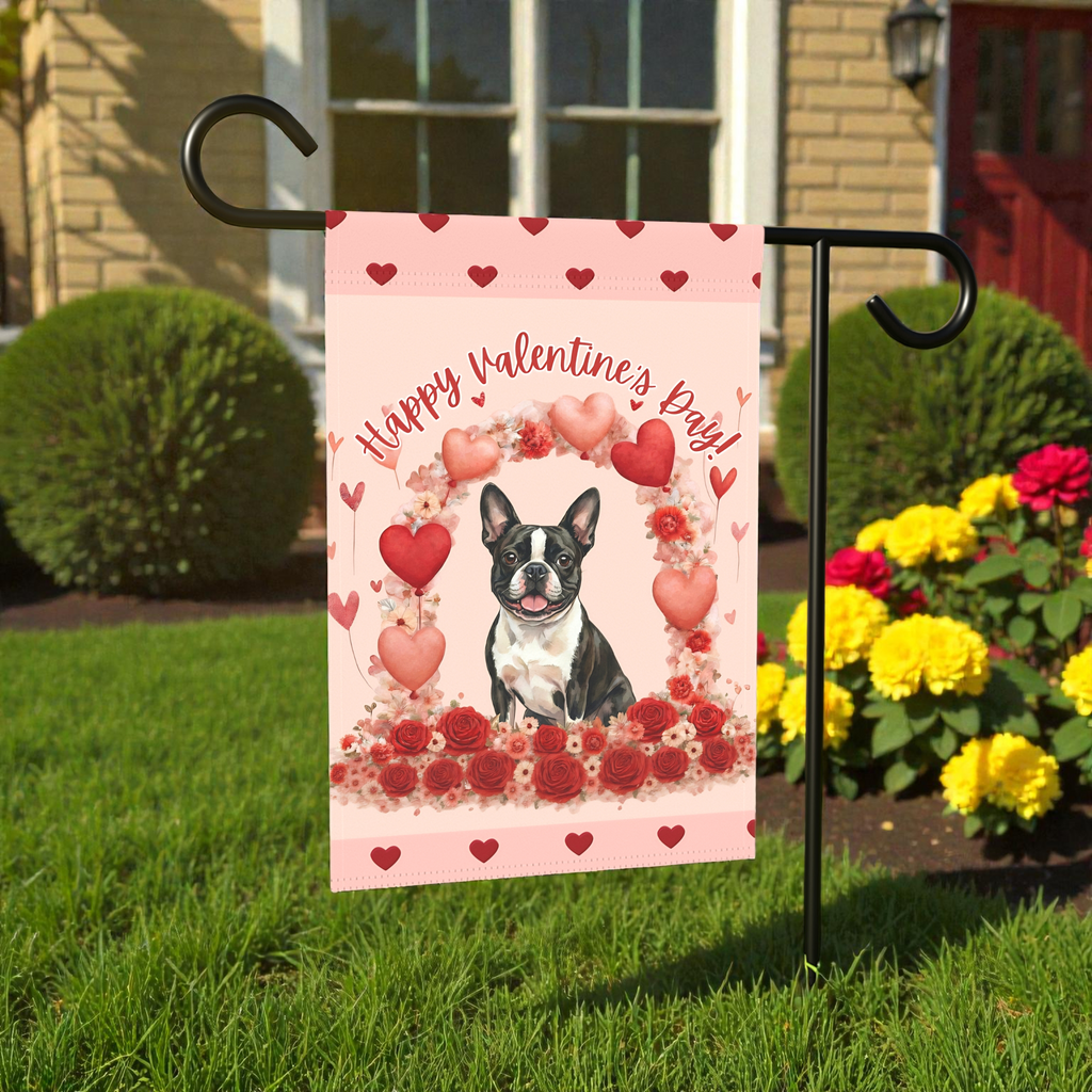 Valentine's Day Black and White Boston Terrier Garden Flag