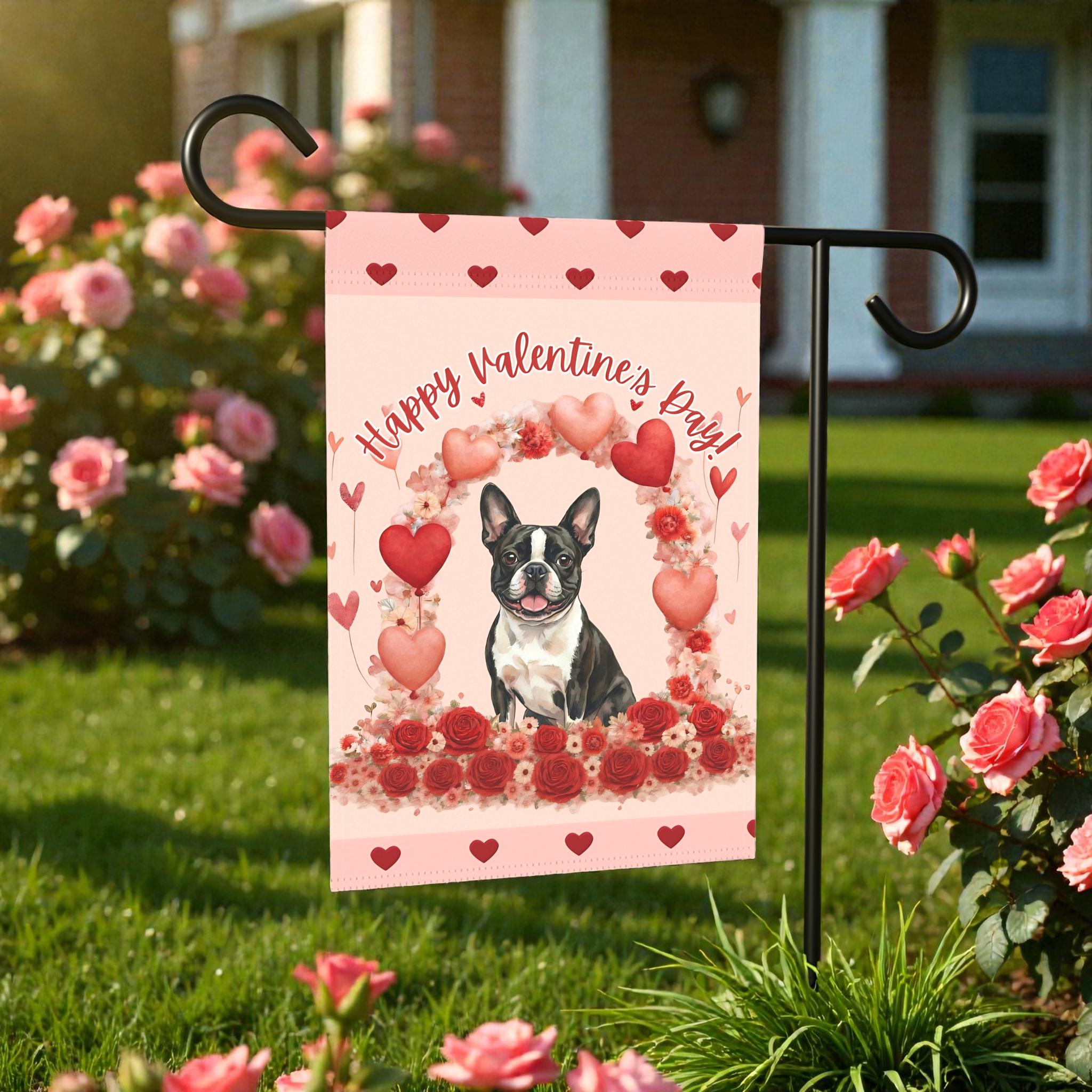 Valentine's Day Black and White Boston Terrier Garden Flag
