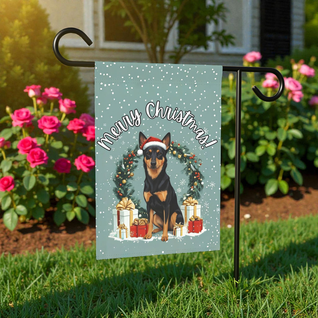 Christmas Australian Kelpie Garden Flag - front view - Dragonfire Gardens
