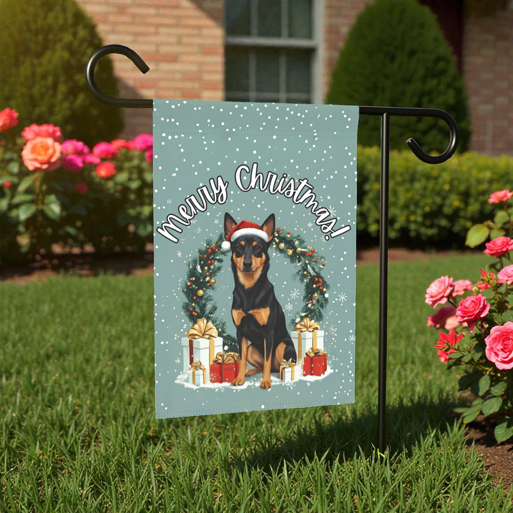 Christmas Australian Kelpie Garden Flag - size comparison - Dragonfire Gardens