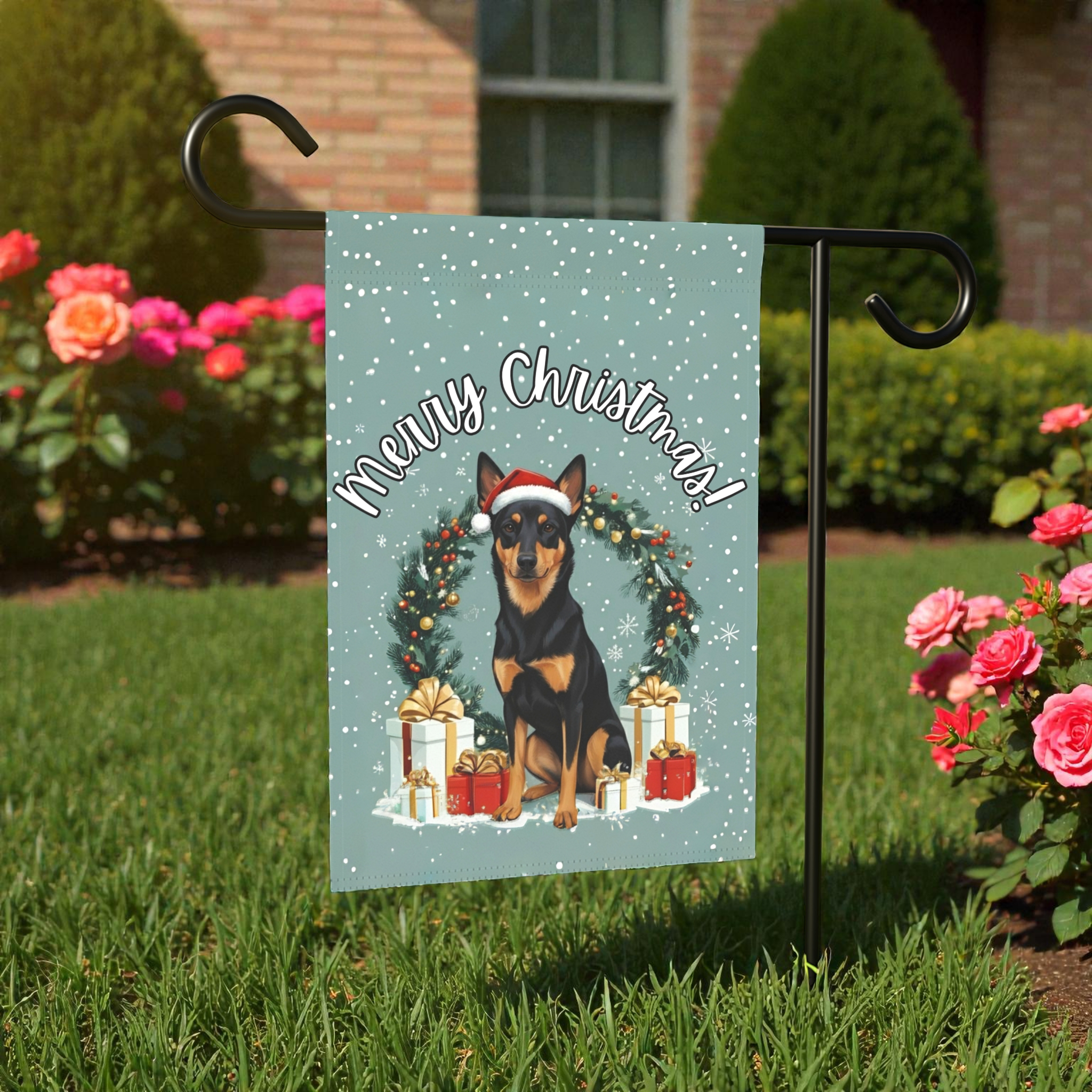 Christmas Australian Kelpie Garden Flag - size comparison - Dragonfire Gardens