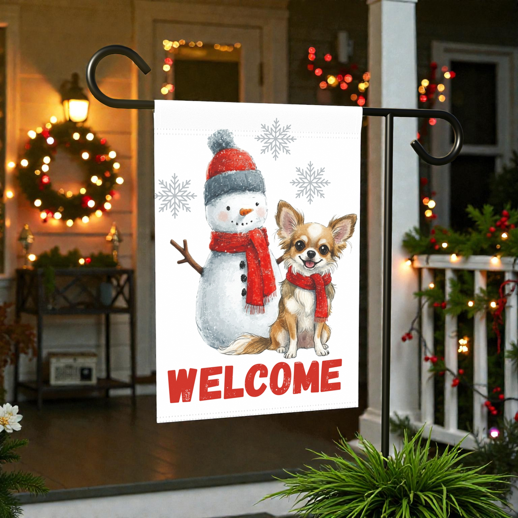 Corgi and Snowman Welcome Garden Flag - front view - Dragonfire Gardens