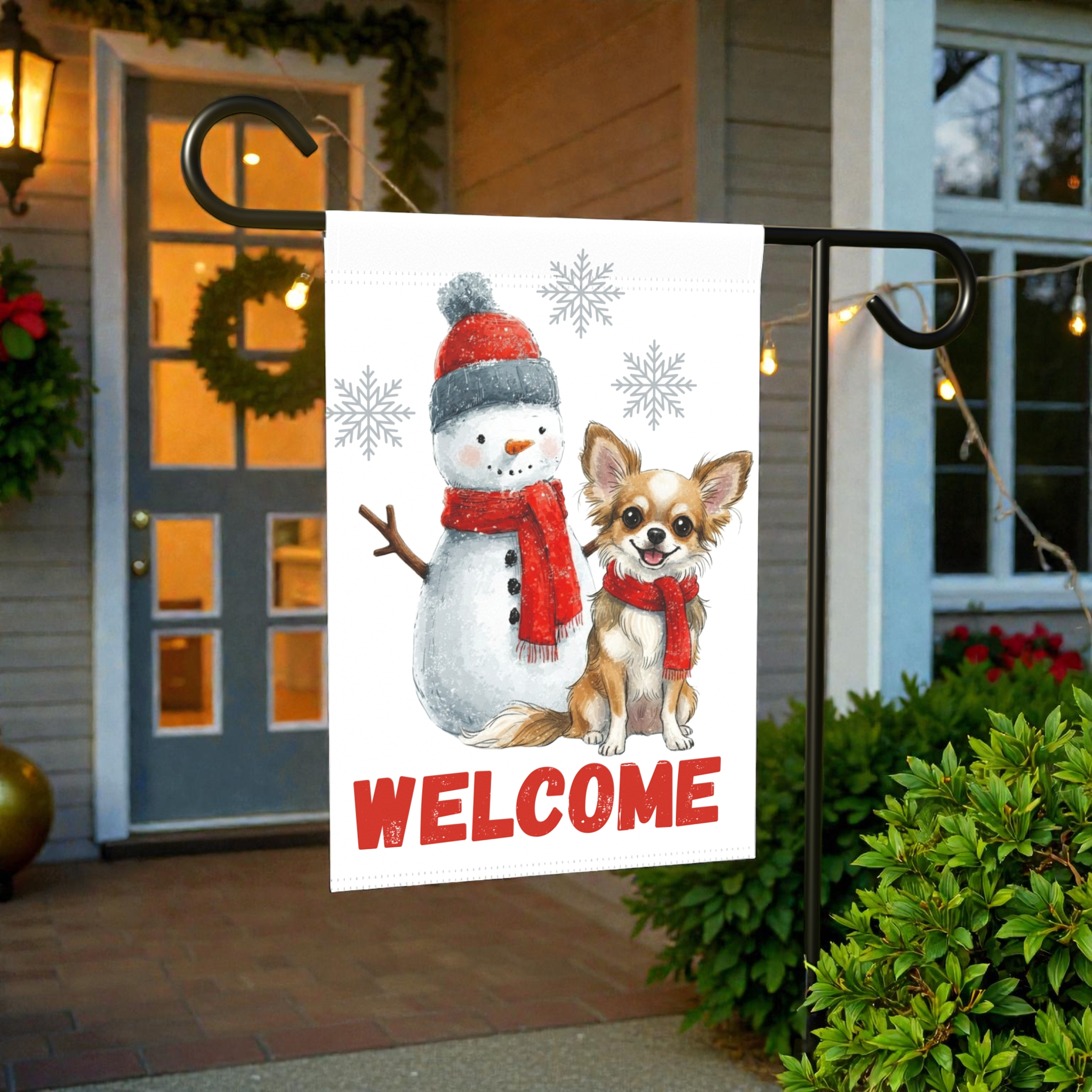Corgi and Snowman Welcome Garden Flag - lifestyle display - Dragonfire Gardens