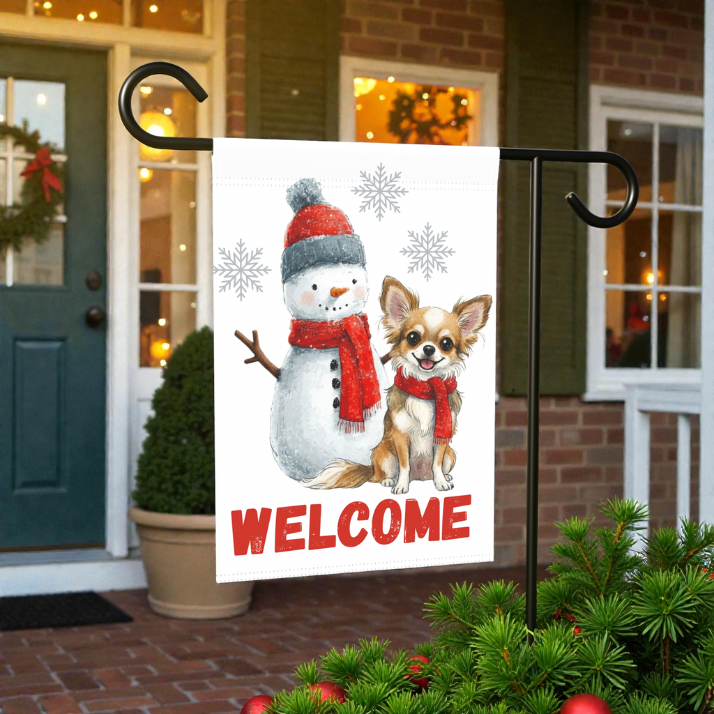 Corgi and Snowman Welcome Garden Flag - size comparison - Dragonfire Gardens