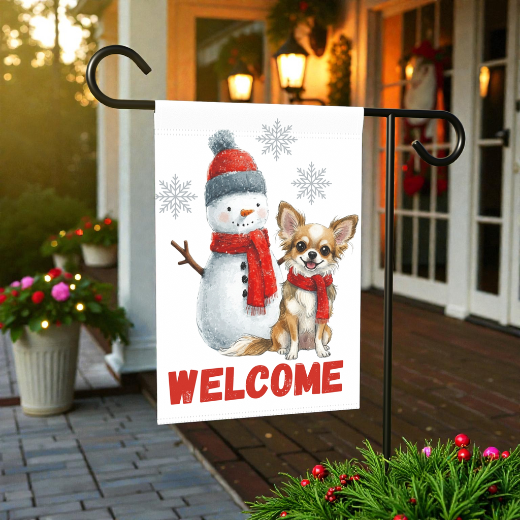 Corgi and Snowman Welcome Garden Flag - product detail - Dragonfire Gardens