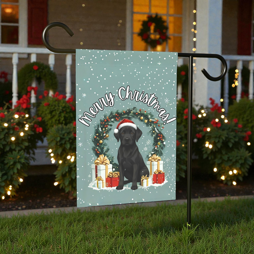 Merry Christmas Black Labrador Retriever Garden Flag - front view - Dragonfire Gardens