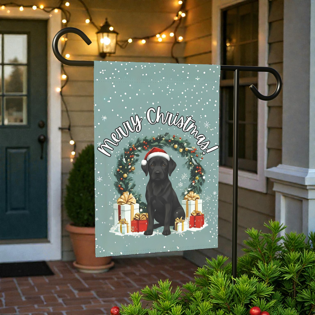 Merry Christmas Black Labrador Retriever Garden Flag - lifestyle display - Dragonfire Gardens