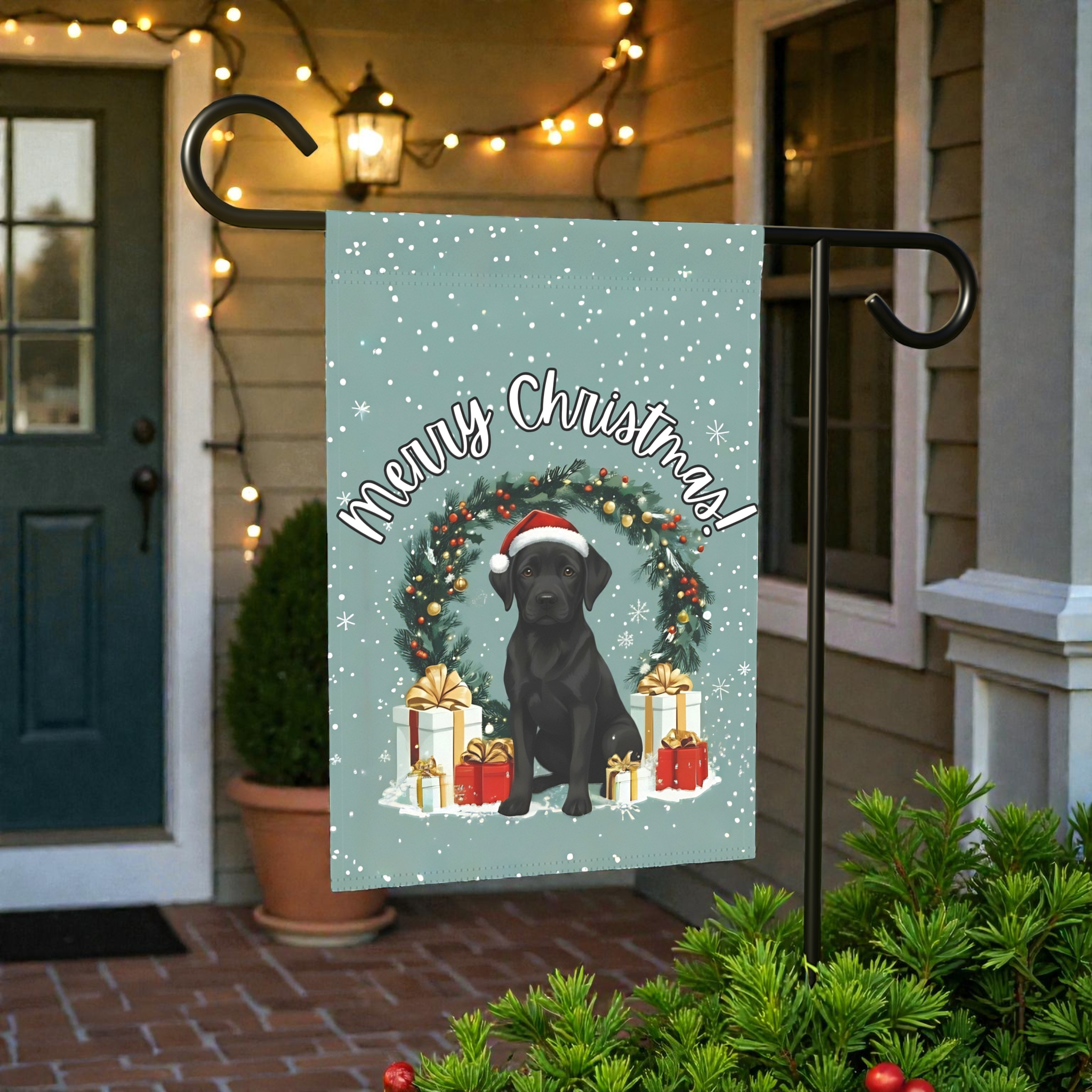 Merry Christmas Black Labrador Retriever Garden Flag - lifestyle display - Dragonfire Gardens