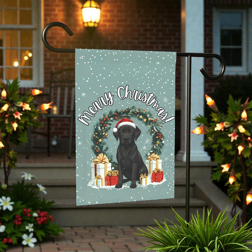Merry Christmas Black Labrador Retriever Garden Flag - size comparison - Dragonfire Gardens