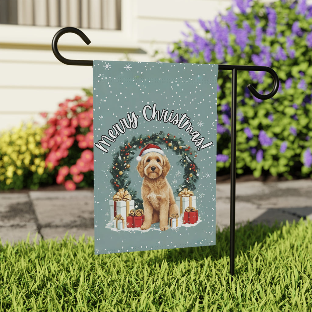 Merry Christmas Golden Noodle Garden Flag - outdoor display - Dragonfire Gardens