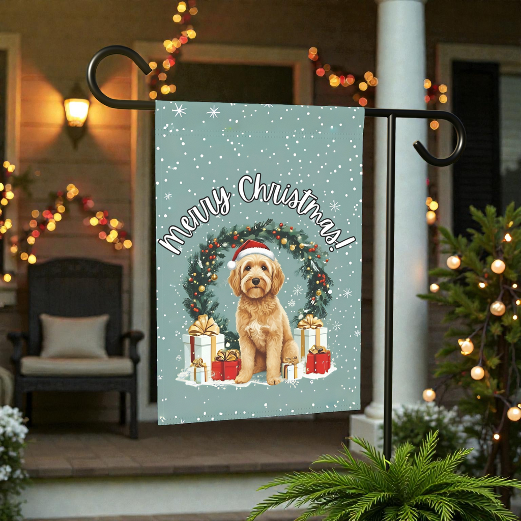 Merry Christmas Golden Noodle Garden Flag - front view - Dragonfire Gardens