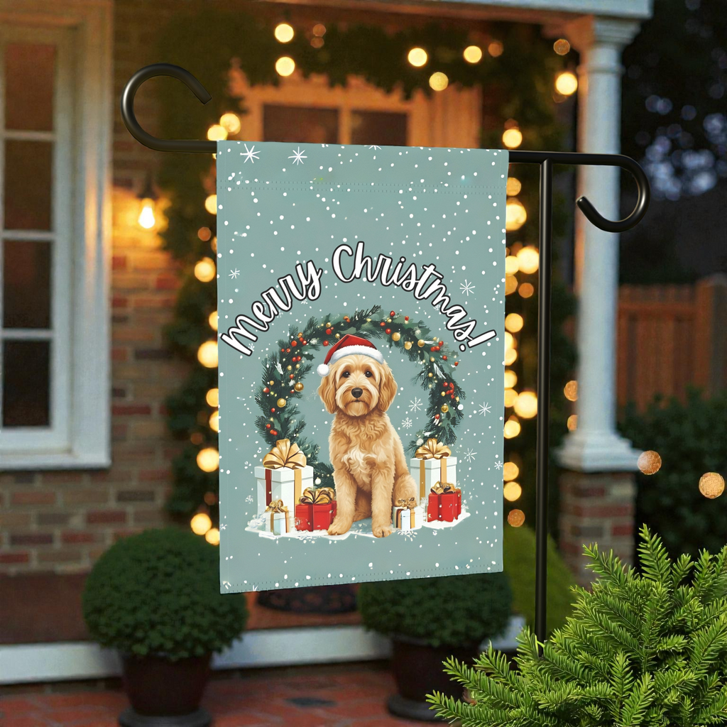 Merry Christmas Golden Noodle Garden Flag - size comparison - Dragonfire Gardens