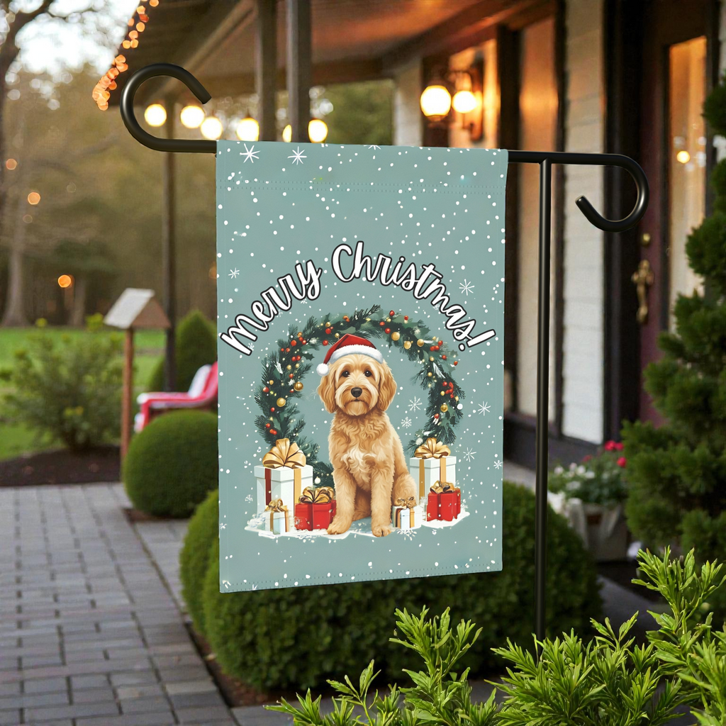 Merry Christmas Golden Noodle Garden Flag - lifestyle display - Dragonfire Gardens