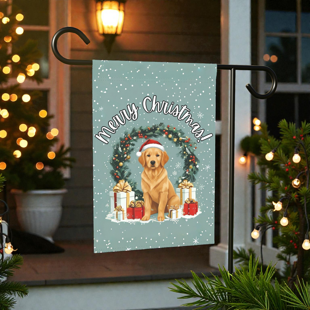 Merry Christmas Golden Retriever Garden Flag - front view - Dragonfire Gardens