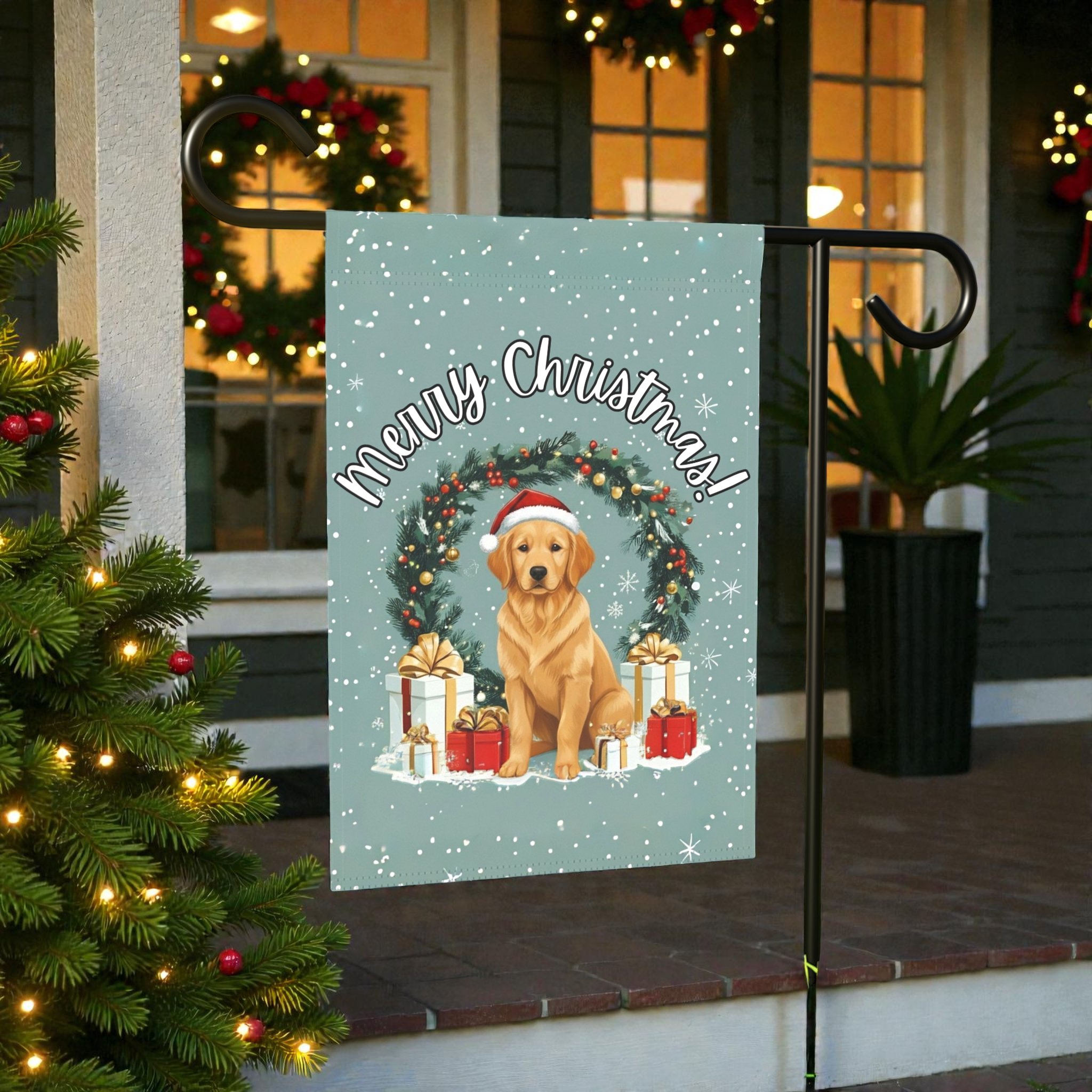 Merry Christmas Golden Retriever Garden Flag - lifestyle display - Dragonfire Gardens