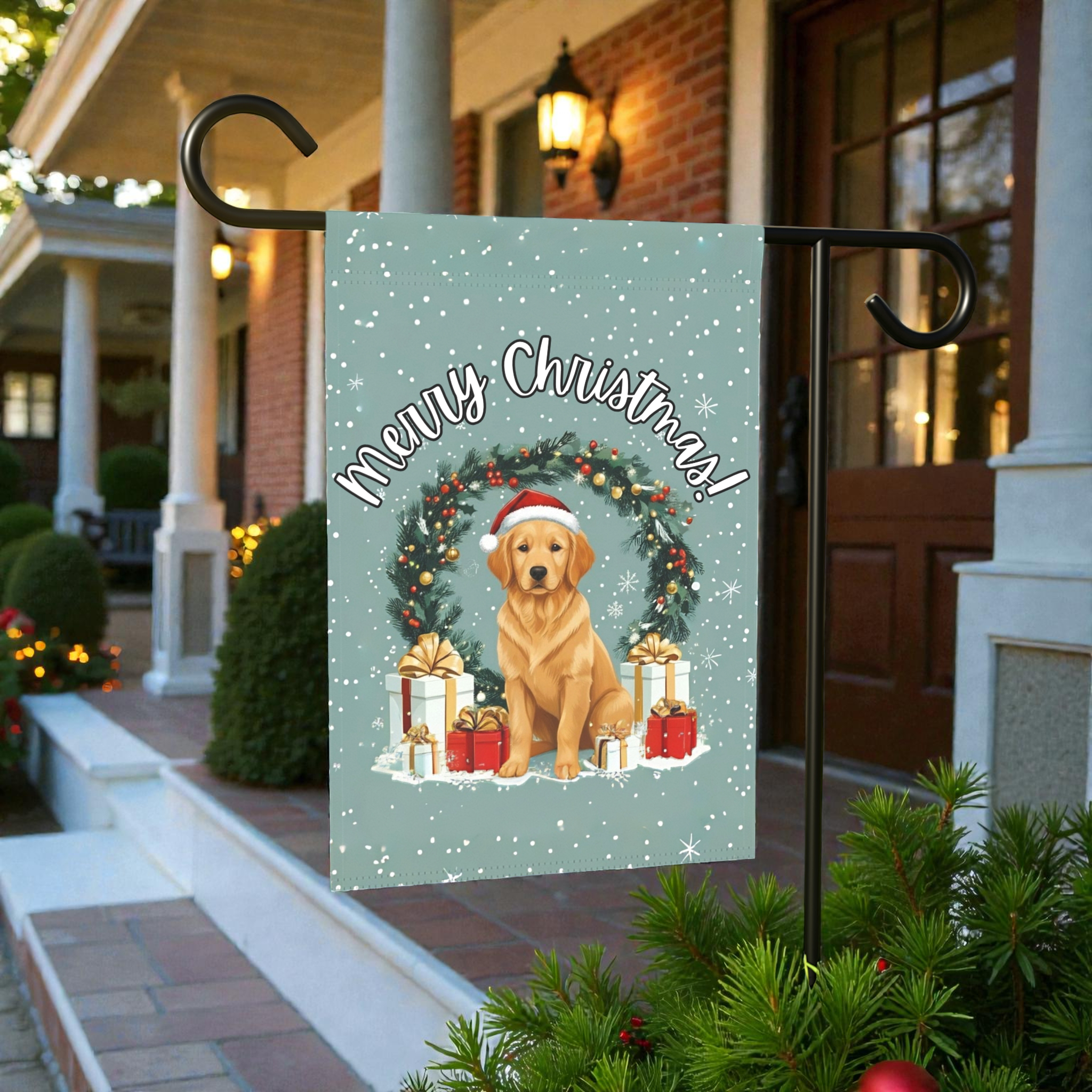 Merry Christmas Golden Retriever Garden Flag - product detail - Dragonfire Gardens