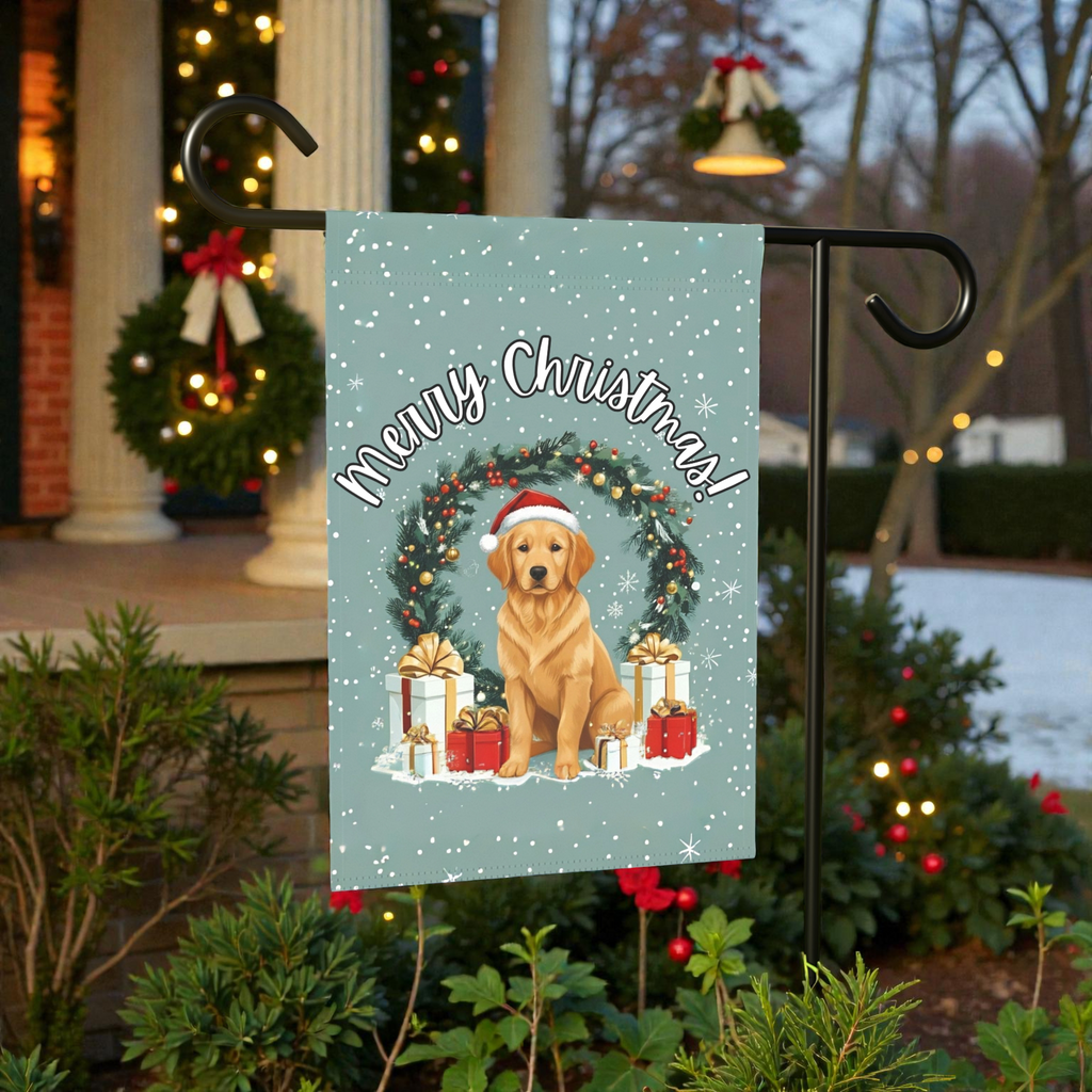 Merry Christmas Golden Retriever Garden Flag - size comparison - Dragonfire Gardens