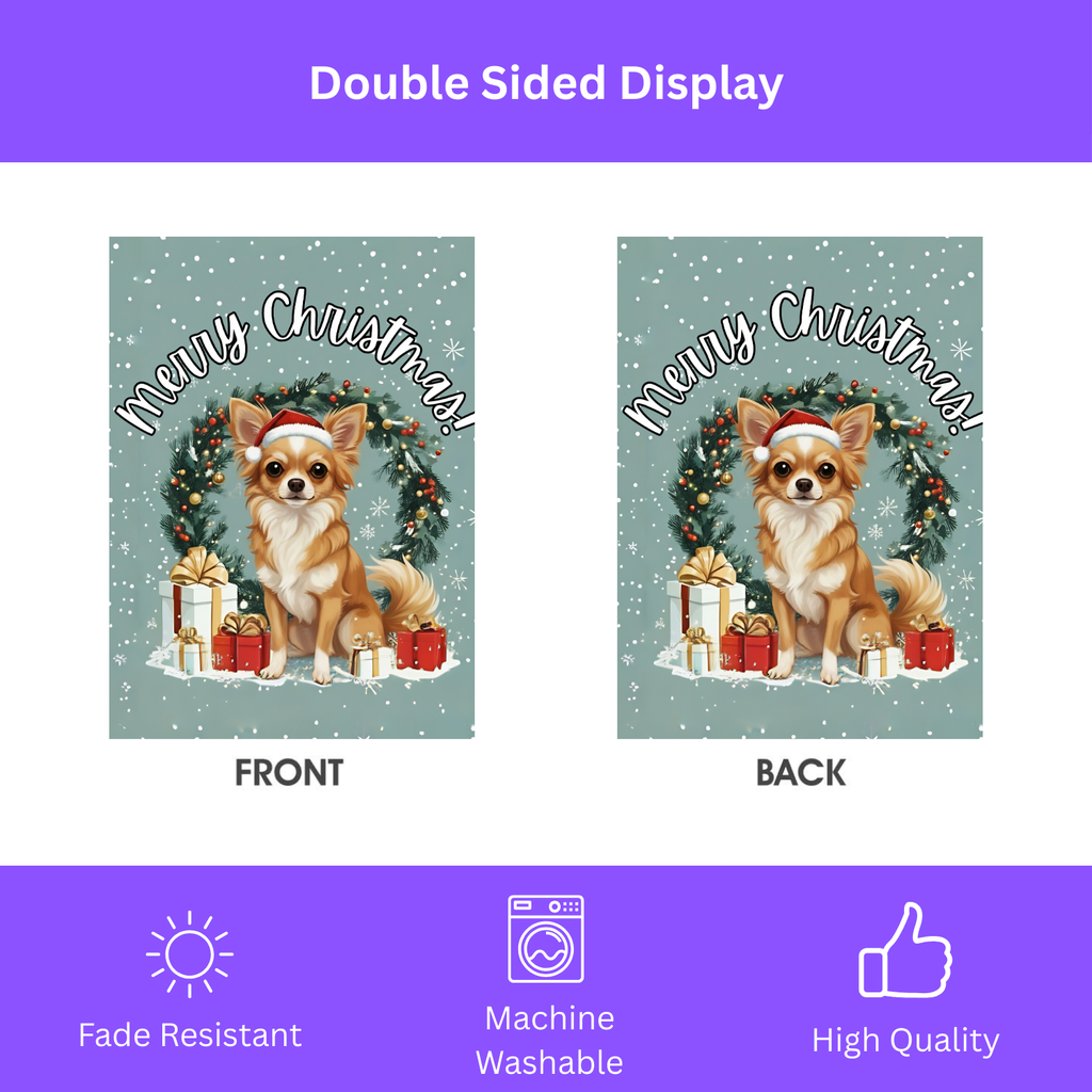Merry Christmas Long-Hair Chihuahua Garden Flag - double-sided design - Dragonfire Gardens