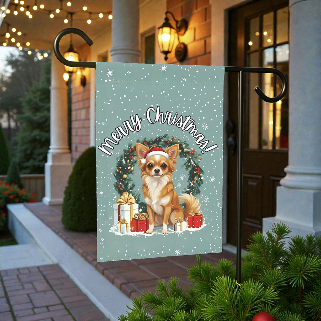 Merry Christmas Long-Hair Chihuahua Garden Flag - size comparison - Dragonfire Gardens