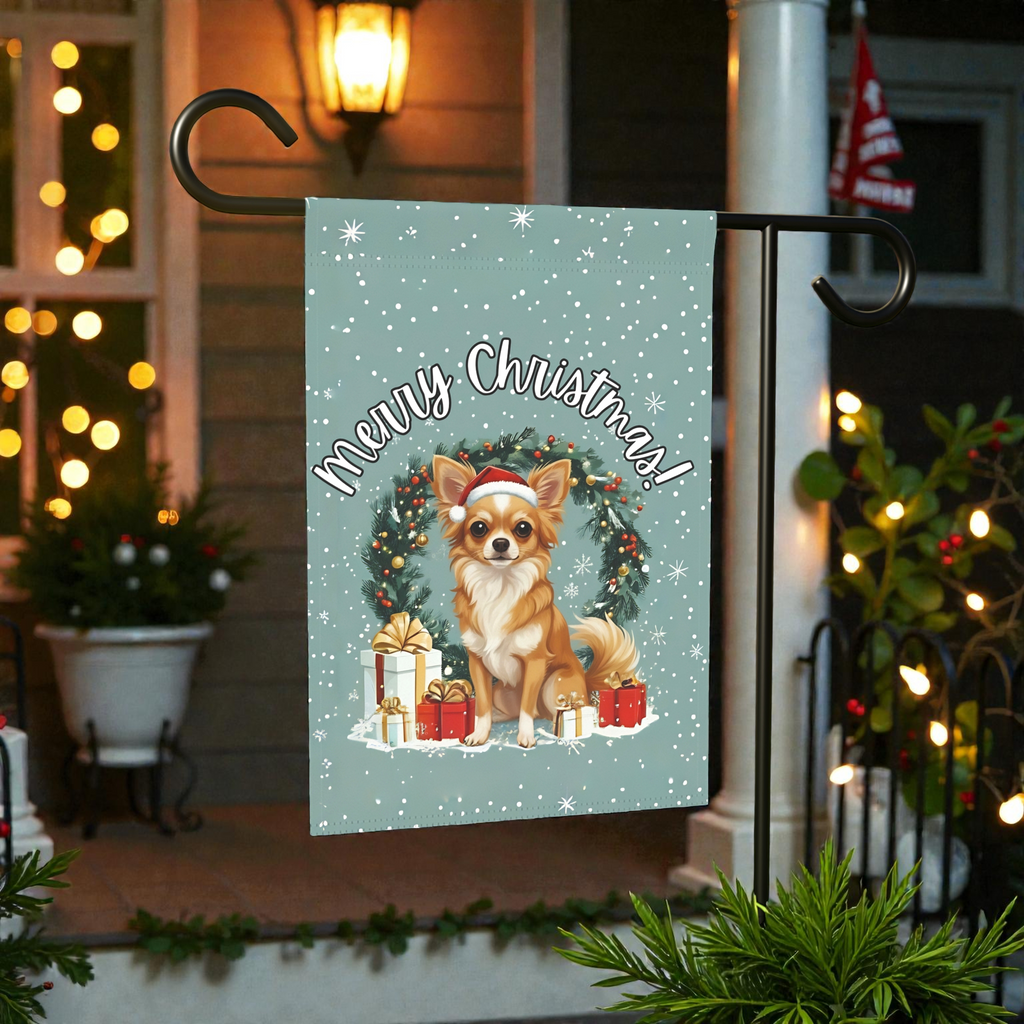 Merry Christmas Long-Hair Chihuahua Garden Flag - front view - Dragonfire Gardens