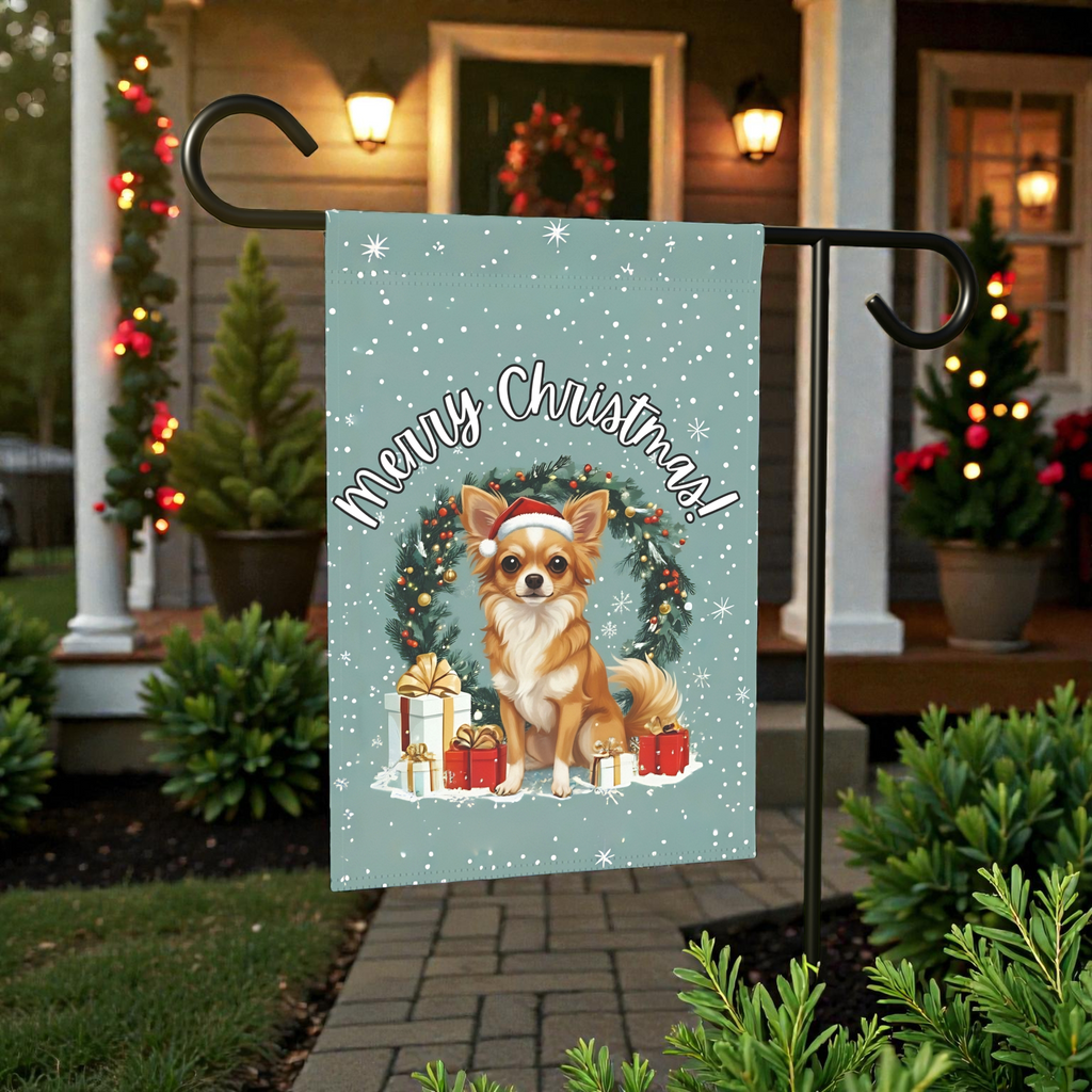 Merry Christmas Long-Hair Chihuahua Garden Flag - product detail - Dragonfire Gardens