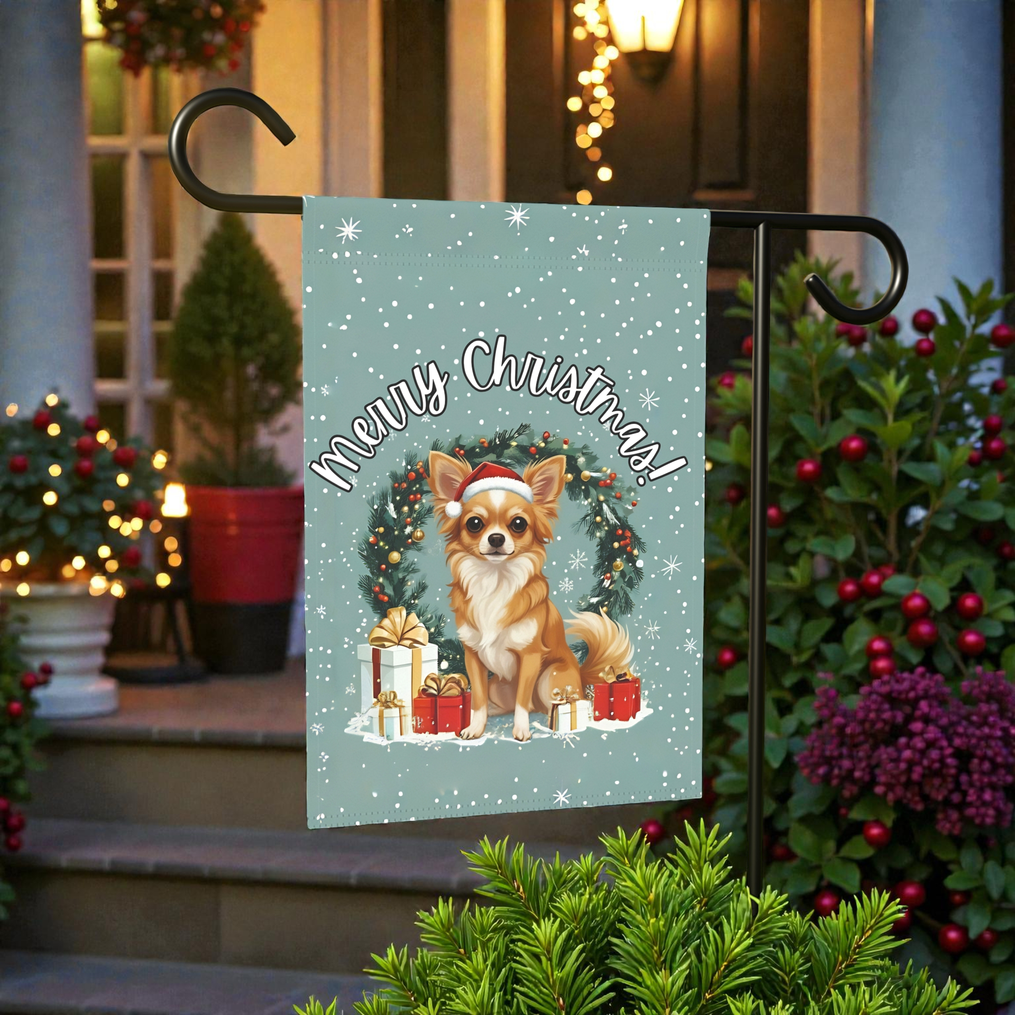 Merry Christmas Long-Hair Chihuahua Garden Flag - lifestyle display - Dragonfire Gardens