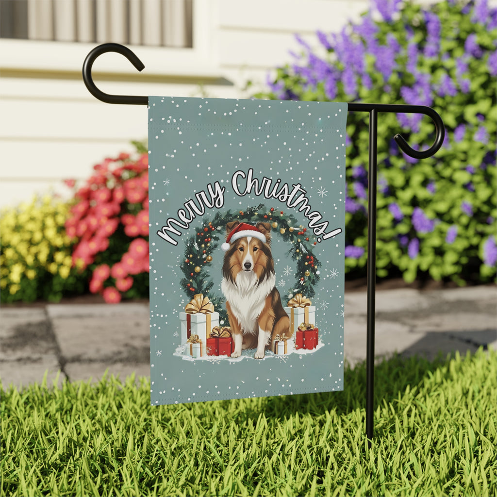 Merry Christmas Sheltie Garden Flag - outdoor display - Dragonfire Gardens