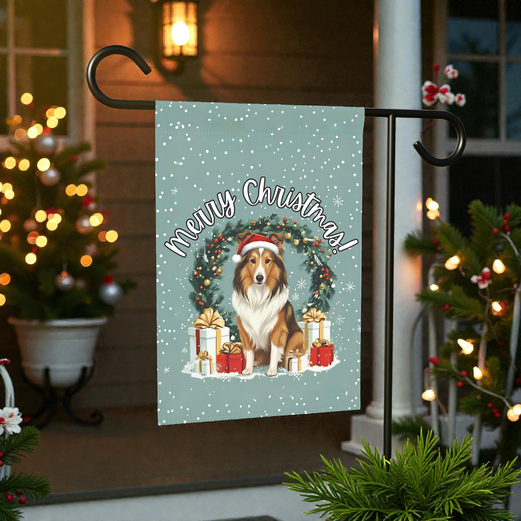 Merry Christmas Sheltie Garden Flag - front view - Dragonfire Gardens