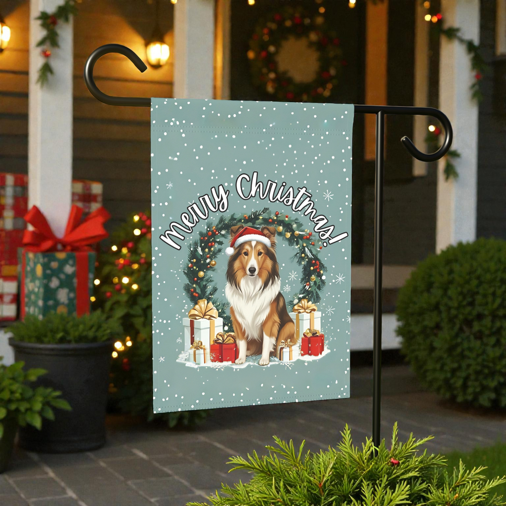 Merry Christmas Sheltie Garden Flag - lifestyle display - Dragonfire Gardens