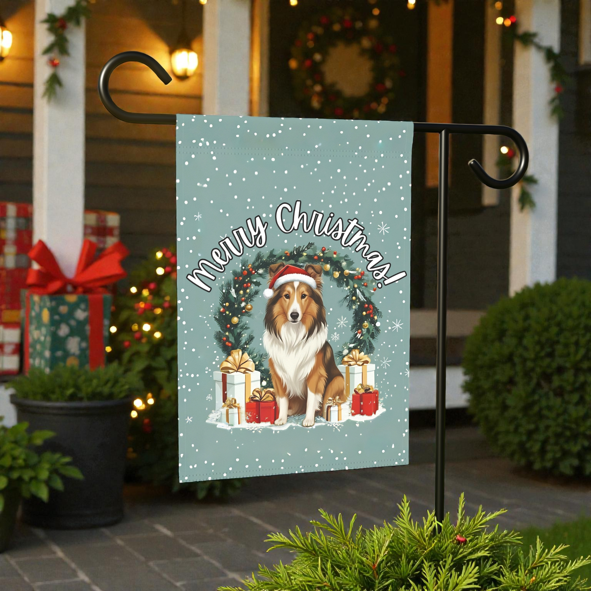 Merry Christmas Sheltie Garden Flag - lifestyle display - Dragonfire Gardens