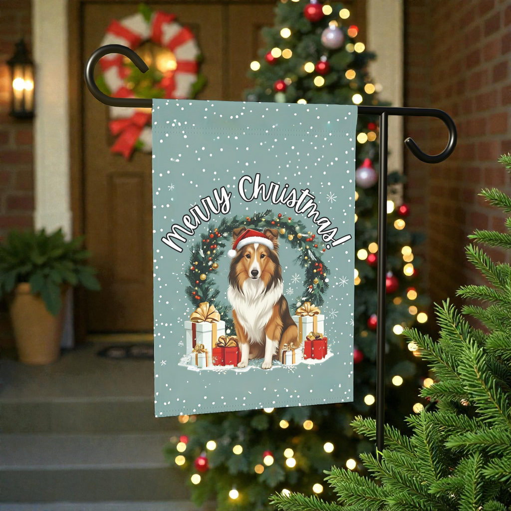 Merry Christmas Sheltie Garden Flag - size comparison - Dragonfire Gardens