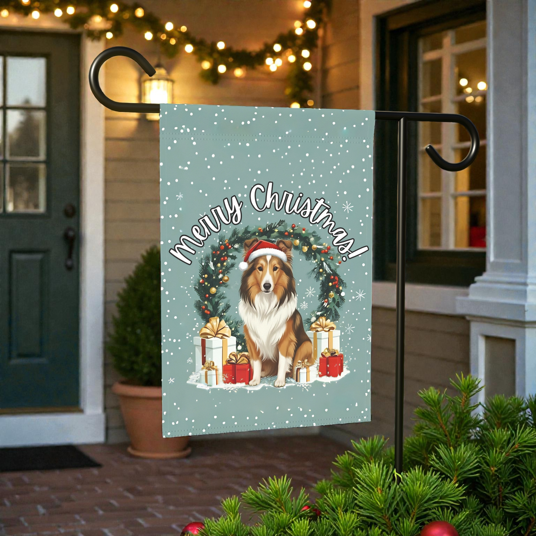 Merry Christmas Sheltie Garden Flag - product detail - Dragonfire Gardens