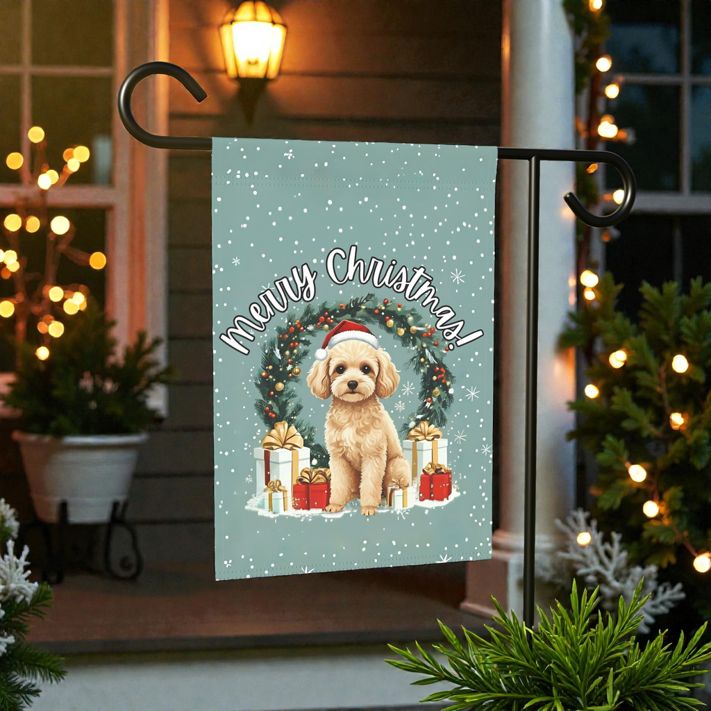 Merry Christmas Toy Poodle Garden Flag - front view - Dragonfire Gardens