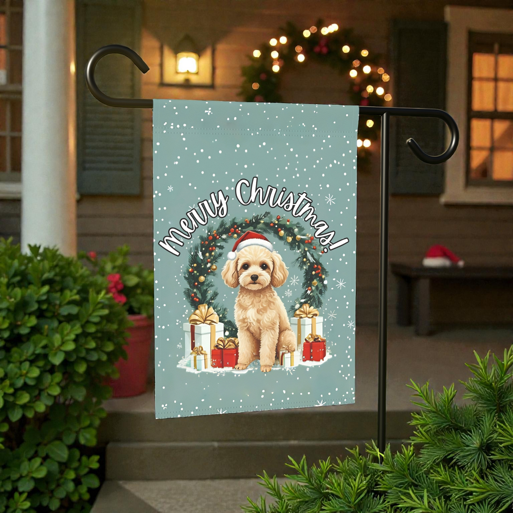 Merry Christmas Toy Poodle Garden Flag - size comparison - Dragonfire Gardens