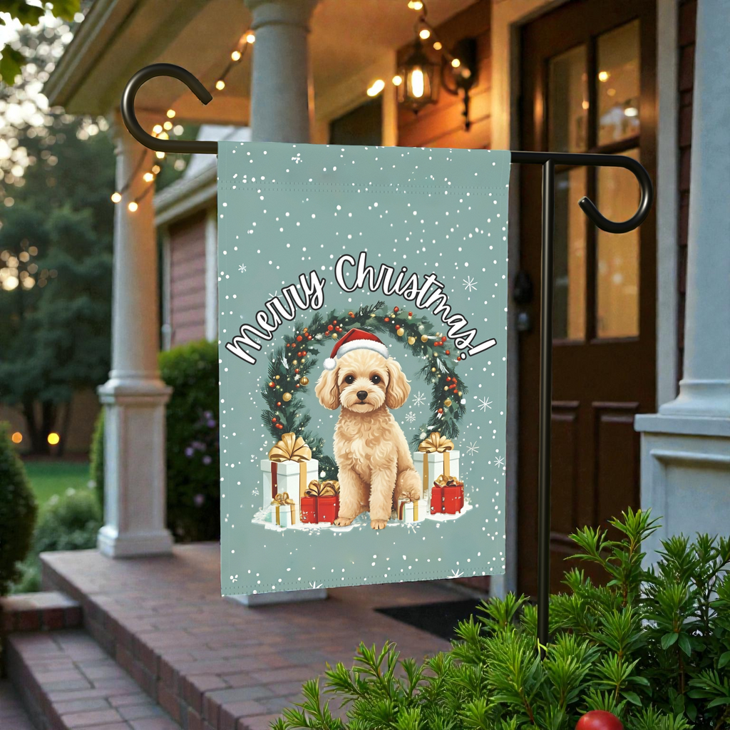 Merry Christmas Toy Poodle Garden Flag - lifestyle display - Dragonfire Gardens