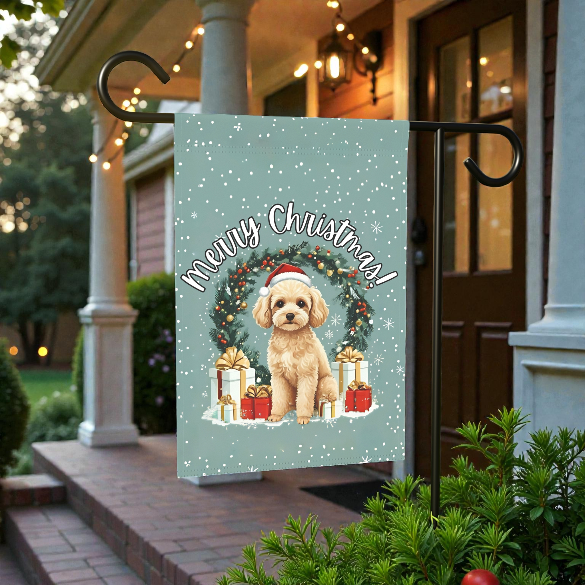 Merry Christmas Toy Poodle Garden Flag - lifestyle display - Dragonfire Gardens
