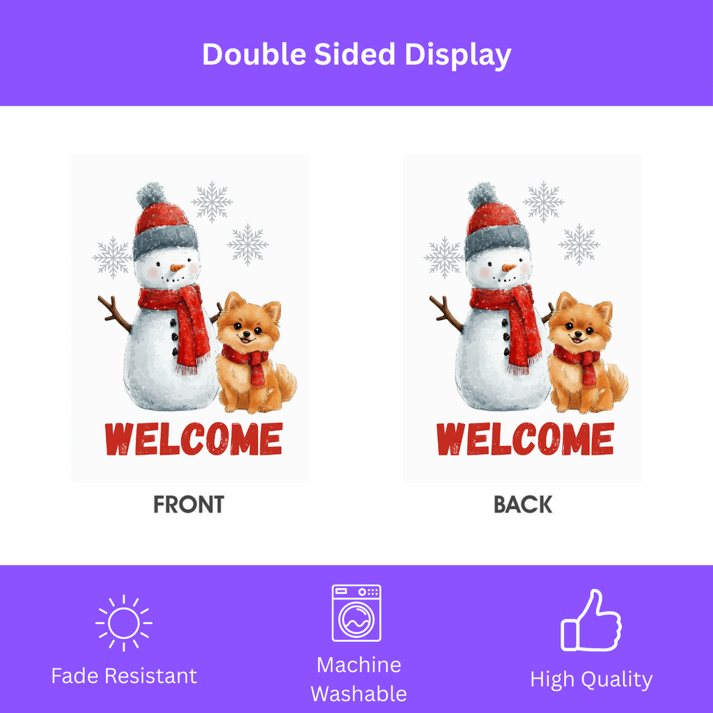 Pomeranian and Snowman Welcome Garden Flag - double-sided design - Dragonfire Gardens