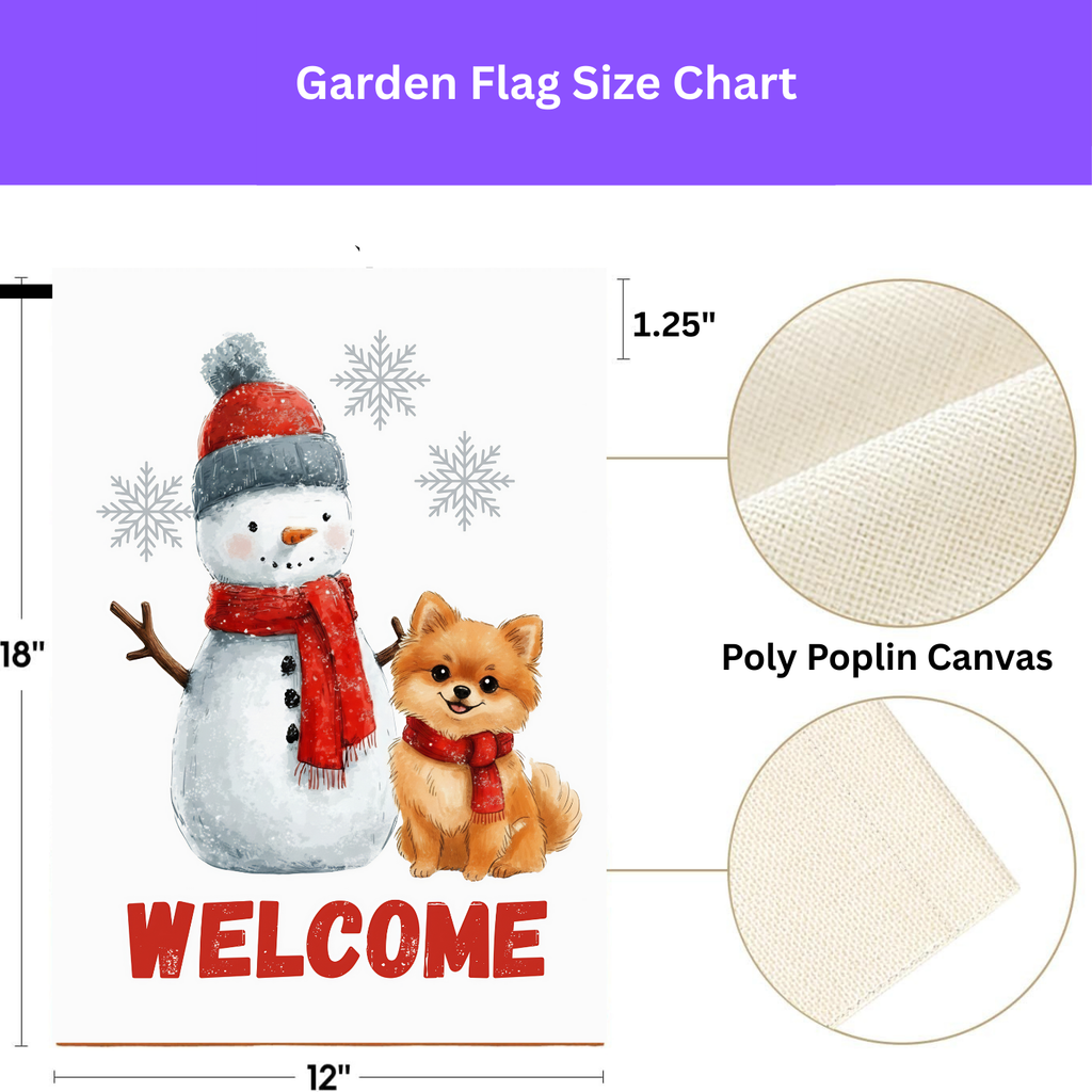 Pomeranian and Snowman Welcome Garden Flag - yard display - Dragonfire Gardens