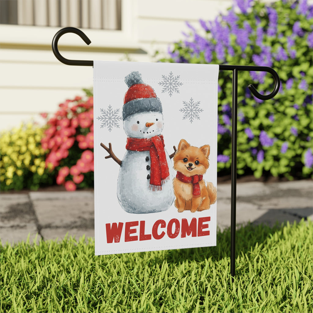 Pomeranian and Snowman Welcome Garden Flag - outdoor display - Dragonfire Gardens