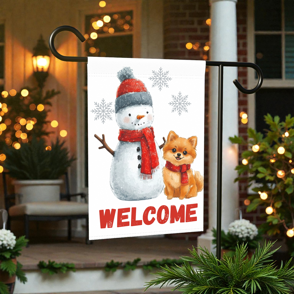 Pomeranian and Snowman Welcome Garden Flag - front view - Dragonfire Gardens