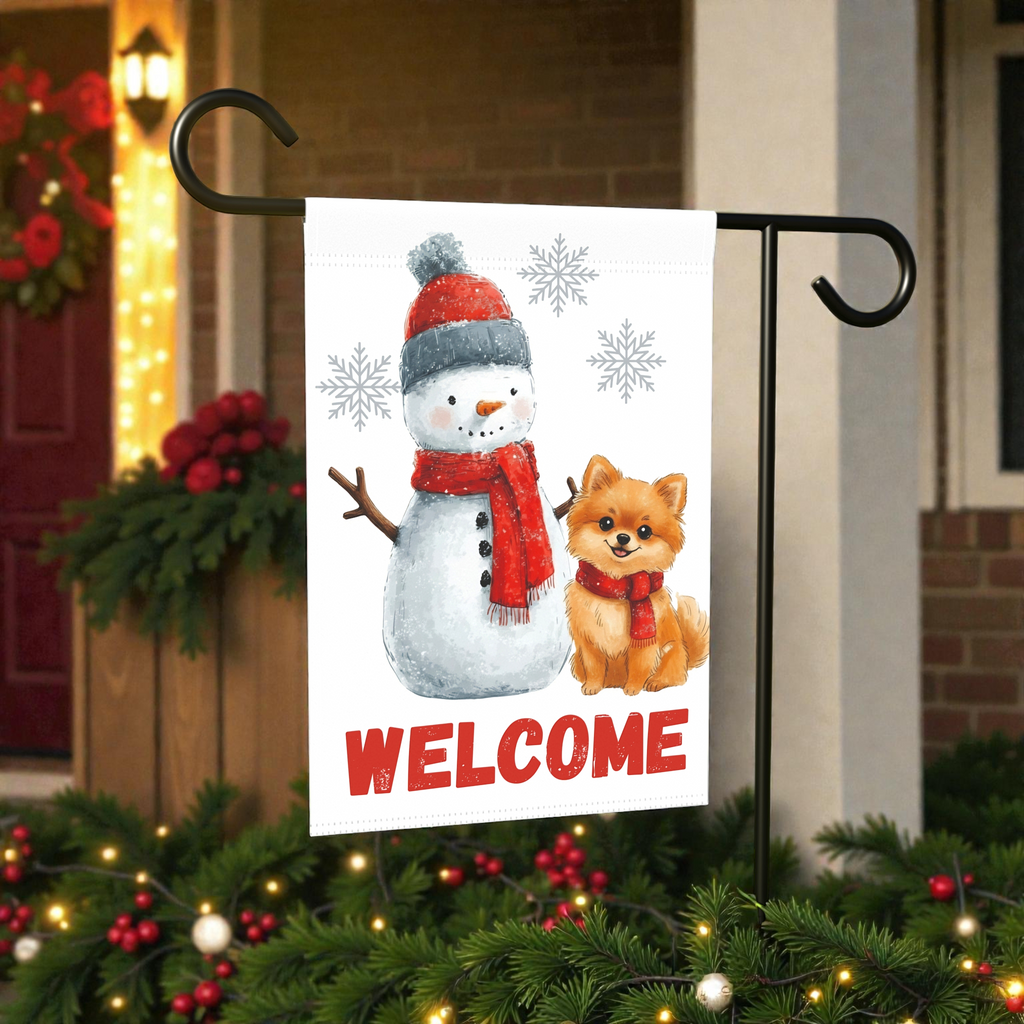 Pomeranian and Snowman Welcome Garden Flag - size comparison - Dragonfire Gardens