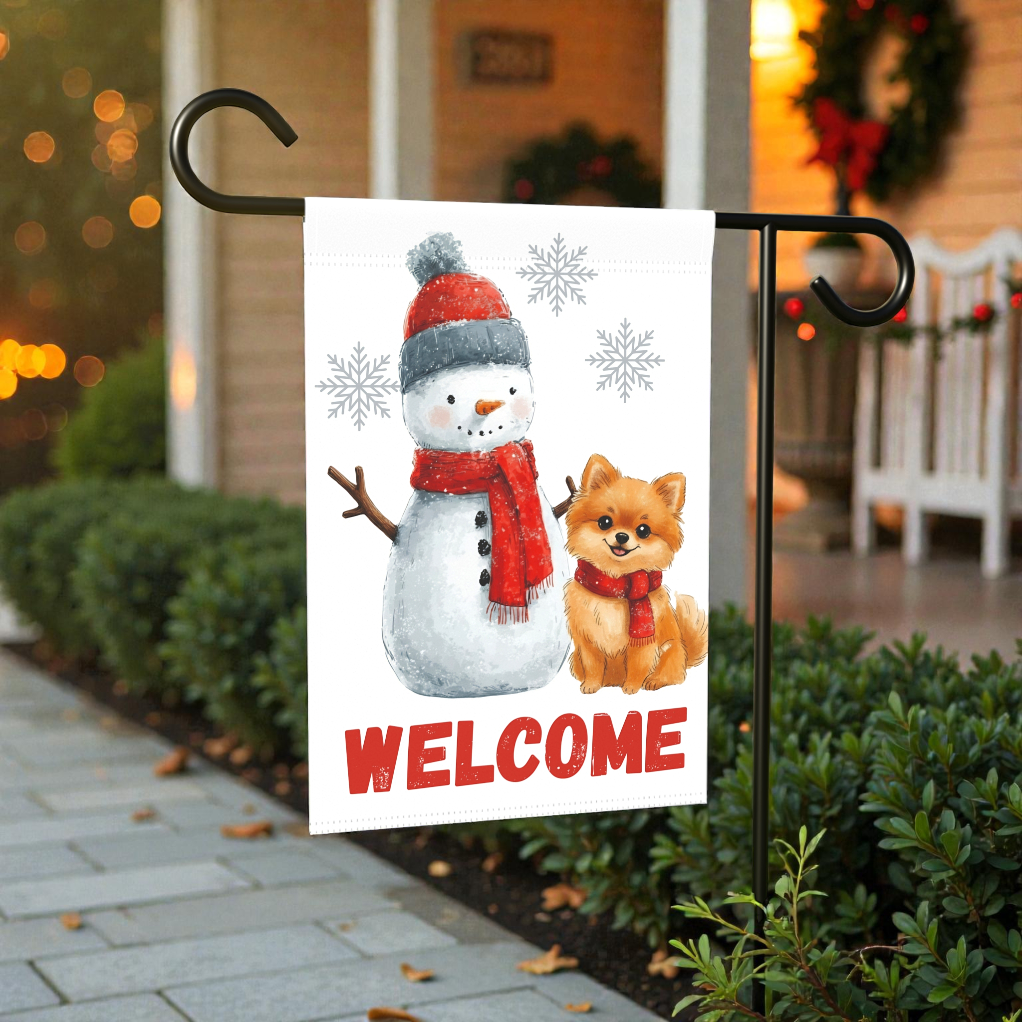 Pomeranian and Snowman Welcome Garden Flag - product detail - Dragonfire Gardens