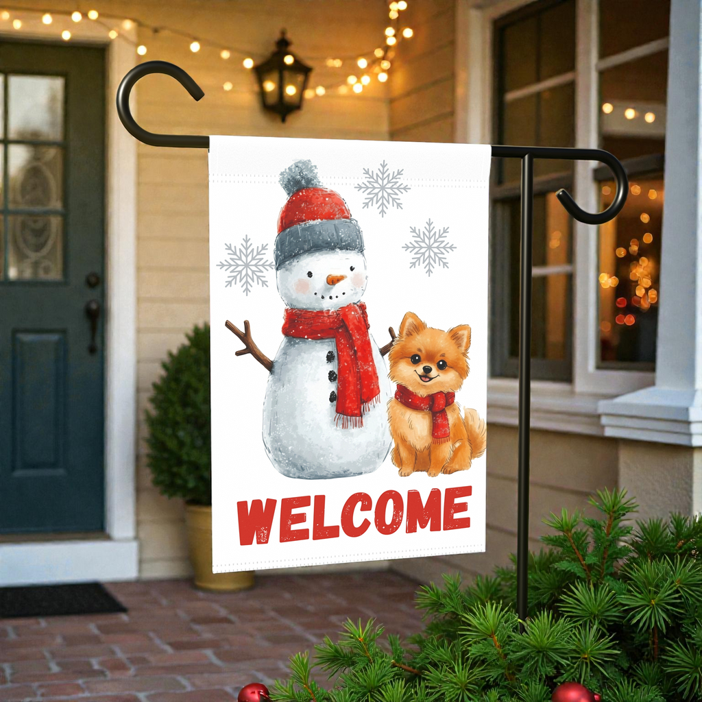 Pomeranian and Snowman Welcome Garden Flag - lifestyle display - Dragonfire Gardens